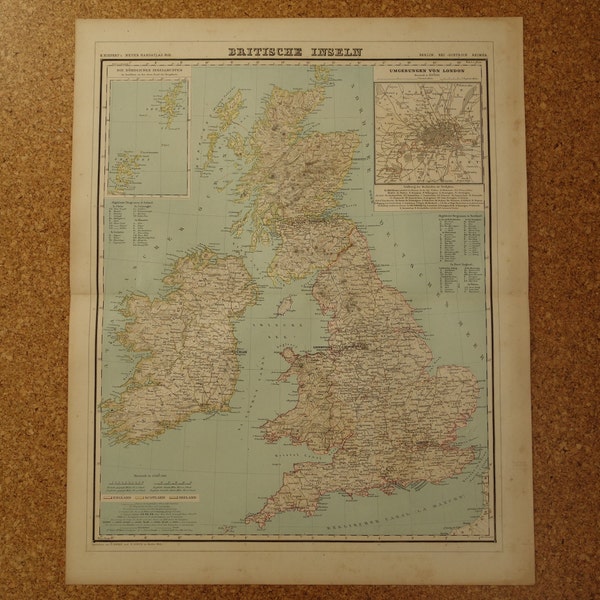 Über 160 Jahre alte Karte von Großbritannien und Irland. Großes originales antikes Druckplakat von Großbritannien. Politische Vintage-Karten von den Britischen Inseln, 50 x 62 cm groß