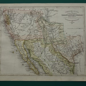 Alte Karte von USA von Kalifornien Texas 1852 originaler antiker handkolorierter Druck von der Westküste der Goldregion New Mexico Vintage Karten American Mexikanische