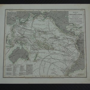 Pazifischer Ozean Karte 1850 original antiker detaillierter Druck über die pazifischen Entdeckungsforscher Kochen Allan-Reisen alte Vintage Karten