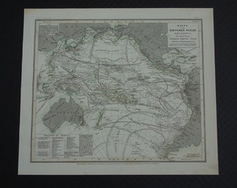 Carte de l'OCÉAN PACIFIQUE 1850, impression antique originale détaillée sur les explorateurs de la découverte du Pacifique, Cook Allan routes voyages vieilles cartes vintage