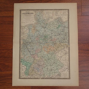 GERMANY old map 1876 LARGE original antique print/poster of German Empire detailed vintage French maps 19x24 big