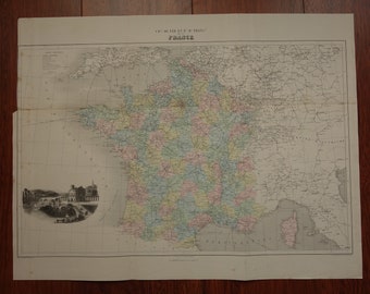 FRANCE large old map 1883 original antique poster of France - Alsace Lorraine Railways Railway lines vintage maps big