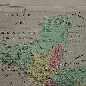 Carte de l'AMÉRIQUE CENTRALE 1877, impression ancienne en français colorée à la main sur le Costa Rica, le Panama, le Nicaragua, le Honduras, le Salvador, cartes anciennes vintage