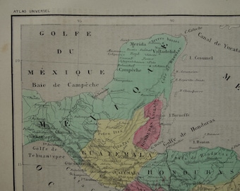 CENTRAL AMERICA map 1877 antique hand colored French print about Costa Rica Panama Nicaragua Honduras El Salvador old vintage maps
