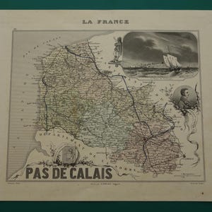 PAS-DE-CALAIS 1870 original old map Handcolored antique engraving of Arras Boulogne-sur-Mer Lens department France vieille carte 9x11" maps