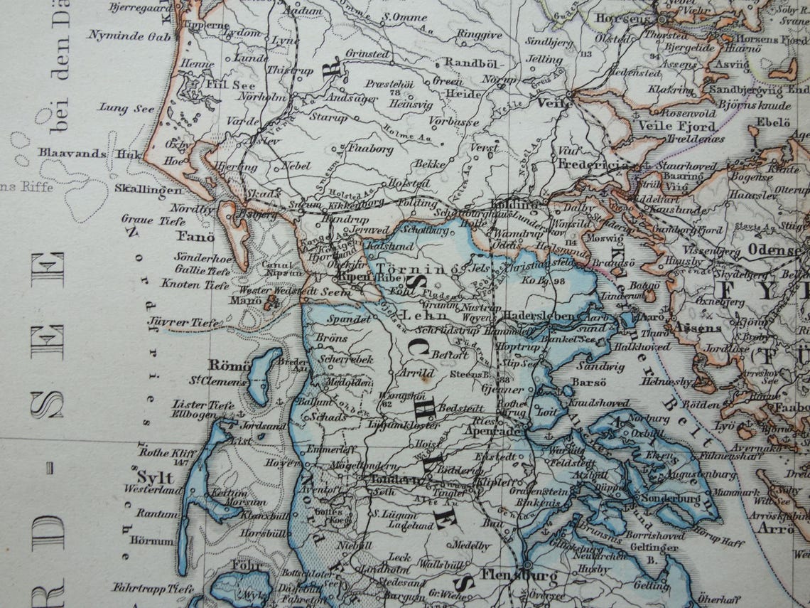 DENMARK Old Map of Denmark and Holstein 1880 Original Large Antique ...