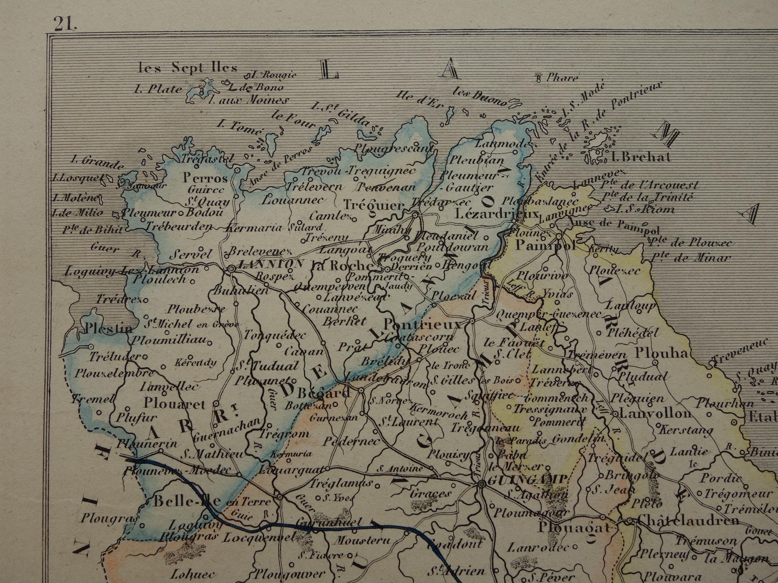 1856 Antique Map of Côtes-d'armor Department France - Beautiful