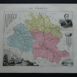 1872 年フランス アリエージュ県のアンティーク マップ - 美しい古い手彩色プリント - フォワ パミエ ラヴェラネ サン ジロン サヴェルダン アリエージュ 9x11"