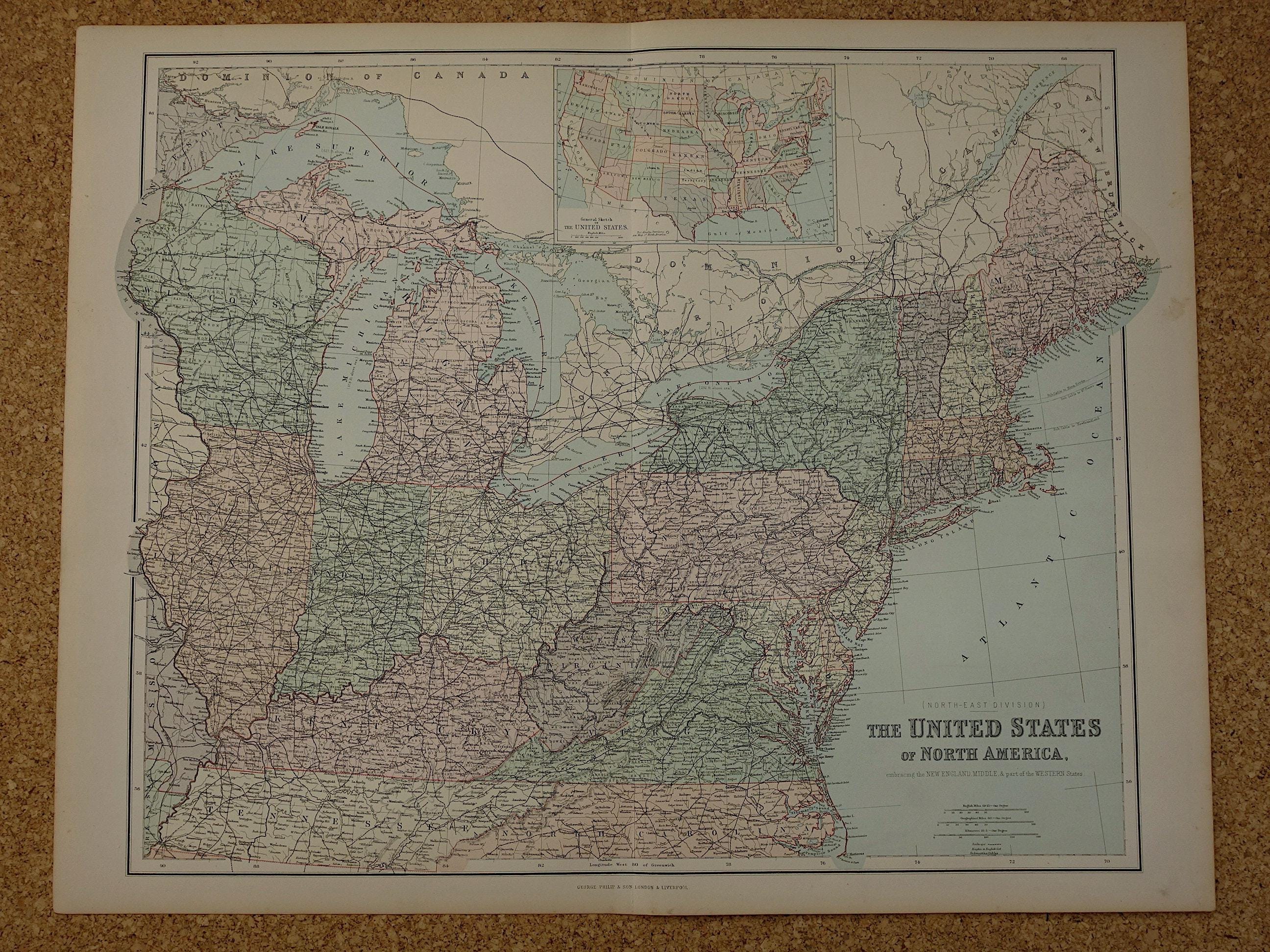 1890年アメリカ合衆国の古い地図、大型オリジナルアンティークポスター