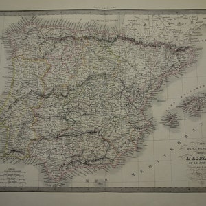Old SPAIN map LARGE 1851 original antique poster of Spain and Portugal vintage maps Canary Islands Barcelona Madrid 51x69 / 20x27 big dated