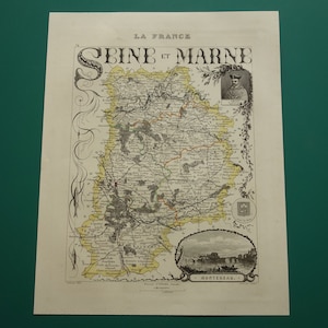 170 年以上前のセーヌ エ マルヌ県の地図、フランス 1851 年アンティーク手彩色プリント、ムラン モー シェルのビンテージ マップ カルテ