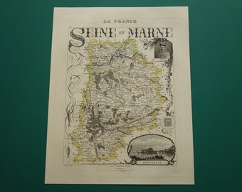Mappa di oltre 170 anni del dipartimento Seine et Marne Francia 1851 antica stampa colorata a mano sulla carta delle mappe vintage di Melun Meaux Chelles