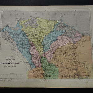 Ägypten alte Landkarte von Nilmündung 1858 original antike französische Landkarte über Suezkanal Isthmus vintage Karten 28x37c 11x14"kleines Poster