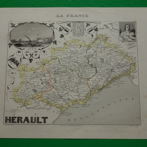 1851 antieke kaart van het departement Hérault, Frankrijk prachtige ouderwetse gekleurde print Montpellier Béziers Sète Lunel Agde Frontignan vintage kaarten