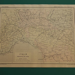 Norditalien Karte ORIGINAL 1896 Antiker französischer Druck über Italien Torino Turin Mailand Florenz Florenz Vintage Papierkarten 9x12"