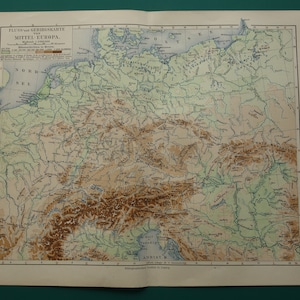 Alte Höhen- und Flusskarte von Europa 1905 original, antiker Druck Flüsse Kanäle Berge – Vintage Höhenkarten Mitteleuropa Alpen