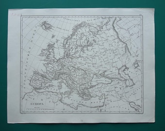 May include: A black and white antique map of Europe printed on paper. The map features detailed coastlines, mountain ranges, and political boundaries with labels in German, including the title EUROPA. A grid of latitude and longitude lines covers the entire continent, with the Atlantic Ocean and Mediterranean Sea clearly marked.