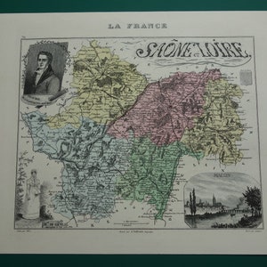 Saône-et-Loire antique map of Saone-et-Loire department France 1872 original old hand-colored print Mâcon Chalon-sur-Saône vieille carte