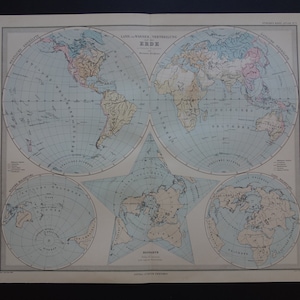 MAPPA DEL MONDO, vecchia mappa del mondo, 1885, poster antico originale, doppio emisfero, distribuzione di acqua e massa terrestre, mappe vintage, stampa grande 14x18"