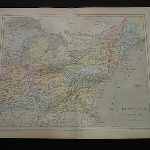 Ancienne carte des États-Unis des États-Unis de 1858, impression ancienne originale colorée à la main sur le nord-est des États-Unis, le Mid-West Virginia, New York, petite affiche de cartes vintage