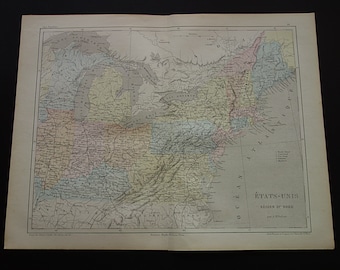 Könnte beinhalten: Antike Karte der nördlichen Vereinigten Staaten, gedruckt auf gealtertem Papier. Die Karte ist auf Französisch und zeigt detaillierte geografische Merkmale. Verschiedene Farben heben Regionen hervor. Ein historisches Dokument.