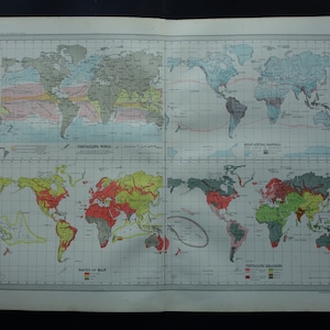 LARGE old WORLD map WEATHER Original 1890 antique set of 2 maps Wind Rainfall Temperature climate worldmap print - Vintage English maps big