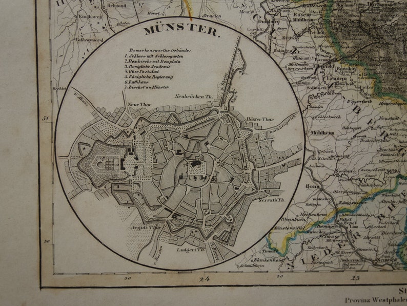 GERMANY old map 1849 hand colored old print poster of NRW vintage antique maps Münster Paderborn Provinz Westfalen alte karte von zdjęcie 6