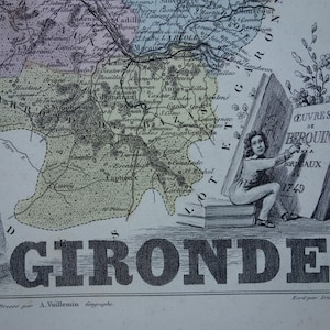 1870 antique map of Gironde departement France - beautiful old hand-colored print - Bordeaux Mérignac Pessac Talence vintage poster - 9x11"