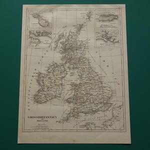 Grande-Bretagne Carte ancienne de l'Irlande et du Royaume-Uni, impression originale allemande de 1849 ans, Plymouth Gibraltar Malte Portsmouth