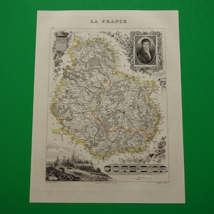 1851 antique map of Côte-d'Or departement France - beautiful old hand-colored print Dijon Beaune vintage poster vieille carte Cote d'Or