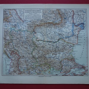 Alte original Landkarte von Rumänien, Bulgarien und Serbien, um 1913, Antikdruck von Balkan, Bukarest, Swarovski, Varna, Beograd, Vintage Maps