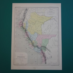 PERU alte Landkarte von Peru in 1875 antiker französischer Druck über Cuzco Puno Loreto - original vintage Karten 9x11"