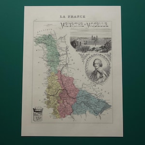 Mapa antigo de Meurthe-et-Moselle França 1874 Original antigo vintage impressão colorida à mão Nancy Toul Lunéville Mapas do departamento de Laxou Longwy