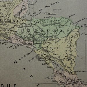 Carte de l'AMÉRIQUE CENTRALE 1896, impression ancienne en français colorée à la main sur le Costa Rica, Panama, Nicaragua, Honduras, El Salvador, cartes anciennes vintage