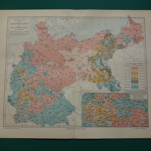 Può includere: Una mappa d'epoca della Germania, con una rappresentazione dettagliata delle regioni del paese. La mappa utilizza un sistema di codifica a colori per rappresentare diverse aree. La mappa è stampata su carta invecchiata, con testo in tedesco.