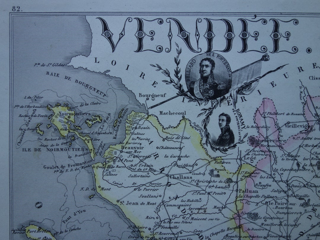 Vendée Old Map of Vendee Department 1856 Beautiful Antique Handcolored