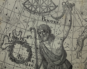 Old star chart vintage Dutch astronomy map of Canes vena Bootes Virgo Coma Berenice zodiac sign antique hemisphere constellation stars print