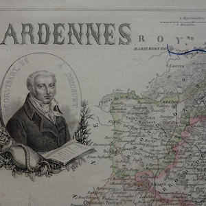 1856 年フランスのアルデンヌ県のアンティーク地図 - 美しい古い手描きの彩色印刷 - シャルルヴィル メジエール レテル セダン レヴィン - 9x11"
