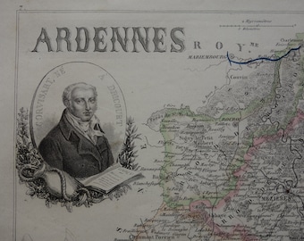 1856 antique map of Ardennes departement France - beautiful old hand colored print - Charleville Mezieres Rethel Sedan Revin - 9x11"