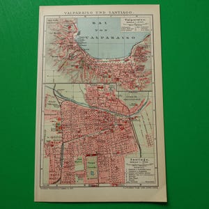 VALPARAISO SANTIAGO Landkarte von 1908 original antiker Stadtplan von Santiago und Valparaiso Brasilien - detaillierte vintage Karten mit Jahreszahl
