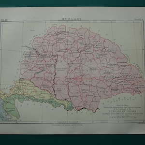 HUNGARY old map of Hungary - lovely 1881 antique print Dominions about the Hungarian Crown - Croatia Slovania Hongarije Hongrie Ungarn 8x11"