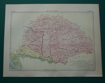 HUNGARY old map of Hungary - lovely 1881 antique print Dominions about the Hungarian Crown - Croatia Slovania Hongarije Hongrie Ungarn 8x11"