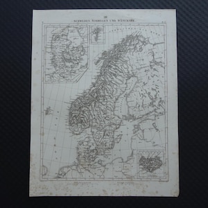 Antieke kaart van Noorwegen, Zweden en Denemarken Originele 175+ jaar oude Duitse druk 1849 vintage kaarten Oslo Stockholm Scandinavië