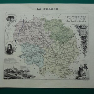 Antyczna mapa departamentu Creuse Francja 1870 oryginalny stary, ręcznie kolorowy druk Guéret La Souterraine Aubusson plakat w stylu vintage vieille carte