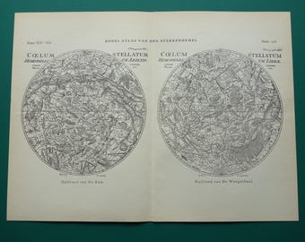 Old astrology print Antique sky map of Libra and Aries hemispheres Vintage plate celestial zodiac signs horoscope star chart
