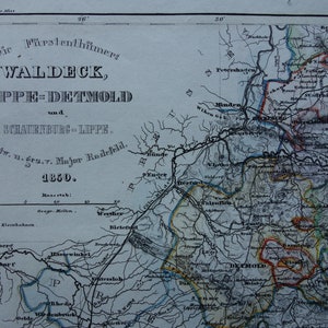 Waldeck Lippe-Detmold alte Karte 1850 original antiker Druck Plakat von Fürstentum Schaumburg Lippe Kassel detaillierte alte Karten alte karte