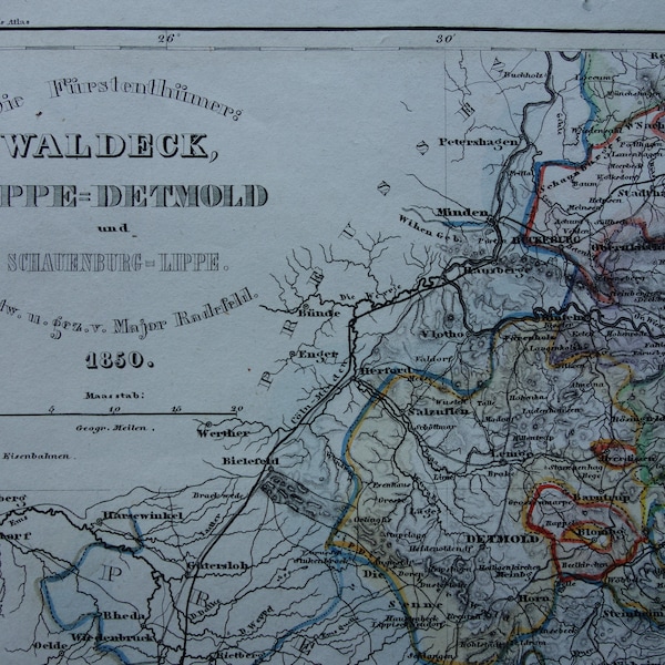 Waldeck Lippe-Detmold old map 1850 original antique print poster of Fürstentum Schaumburg Lippe Kassel detailed vintage maps alte karte