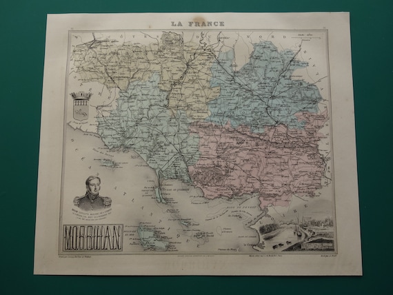 Antique Map of Morbihan Department France 1886 Beautiful Old Hand