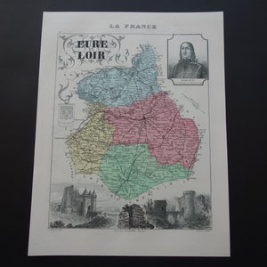 Mapa antiguo de EURE-ET-LOIR del departamento 1872 Hermosa impresión antigua original coloreada a mano sobre mapas antiguos antiguos de Chartres Dreux Lucé