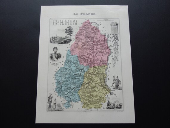 1874 Old Map Of Haut Rhin Department Lovely Antique Poster Etsy